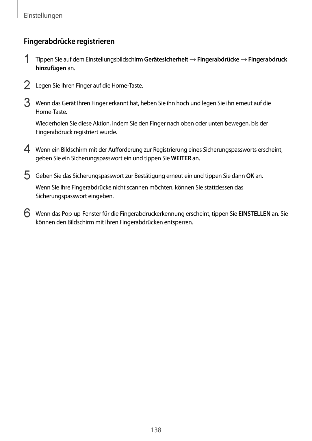 Samsung SM-G928FZKADBT, SM-G928FZSEDBT, SM-G928FZDADBT manual Fingerabdrücke registrieren, Sicherungspasswort eingeben 