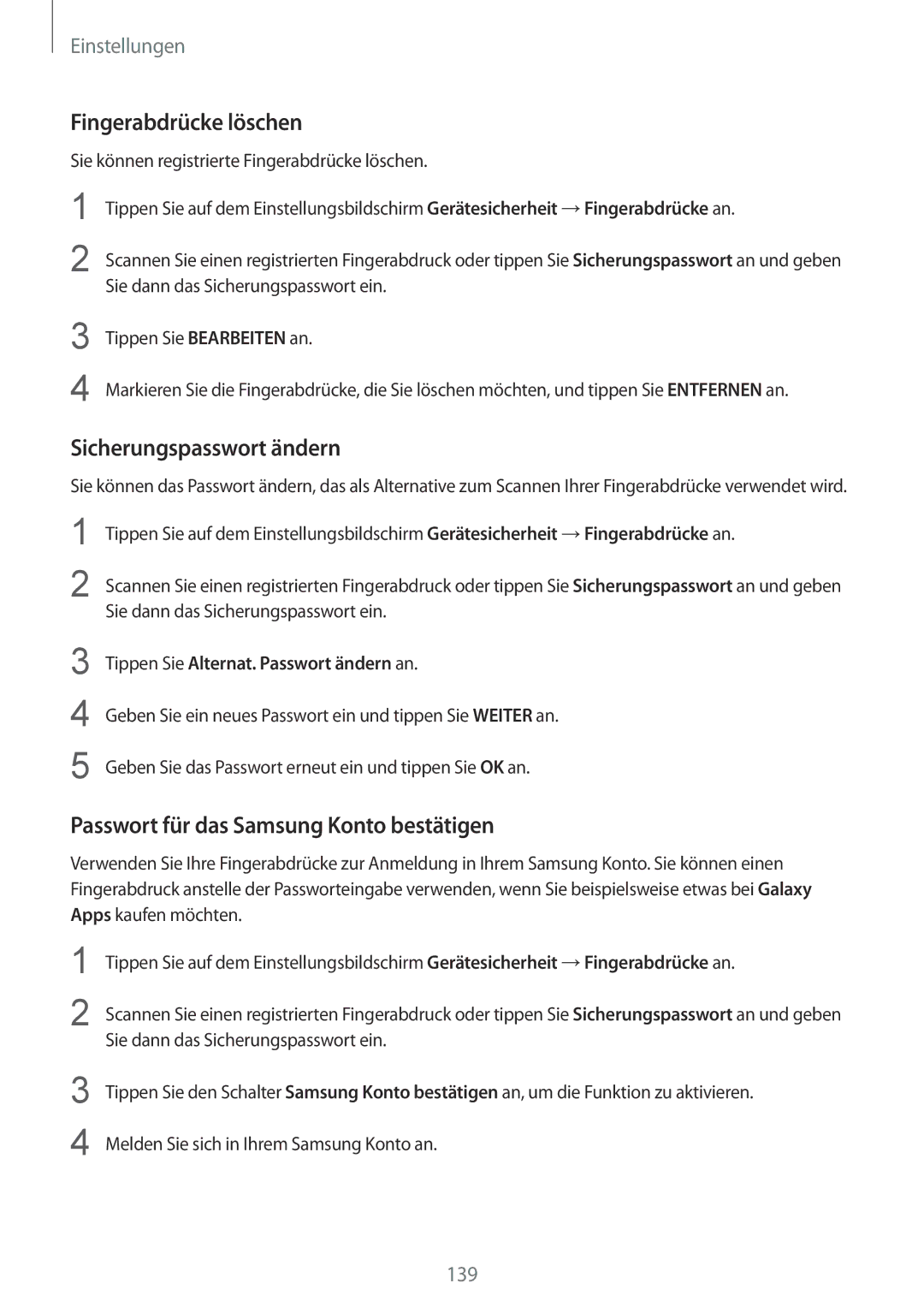 Samsung SM-G928FZSEDBT manual Fingerabdrücke löschen, Sicherungspasswort ändern, Passwort für das Samsung Konto bestätigen 