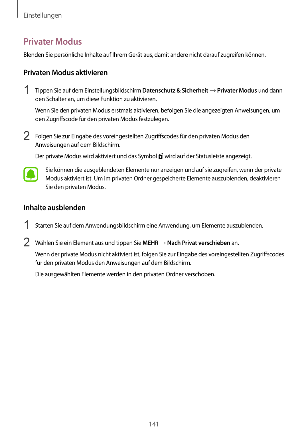 Samsung SM-G928FZKADBT, SM-G928FZSEDBT, SM-G928FZDADBT manual Privater Modus, Privaten Modus aktivieren, Inhalte ausblenden 