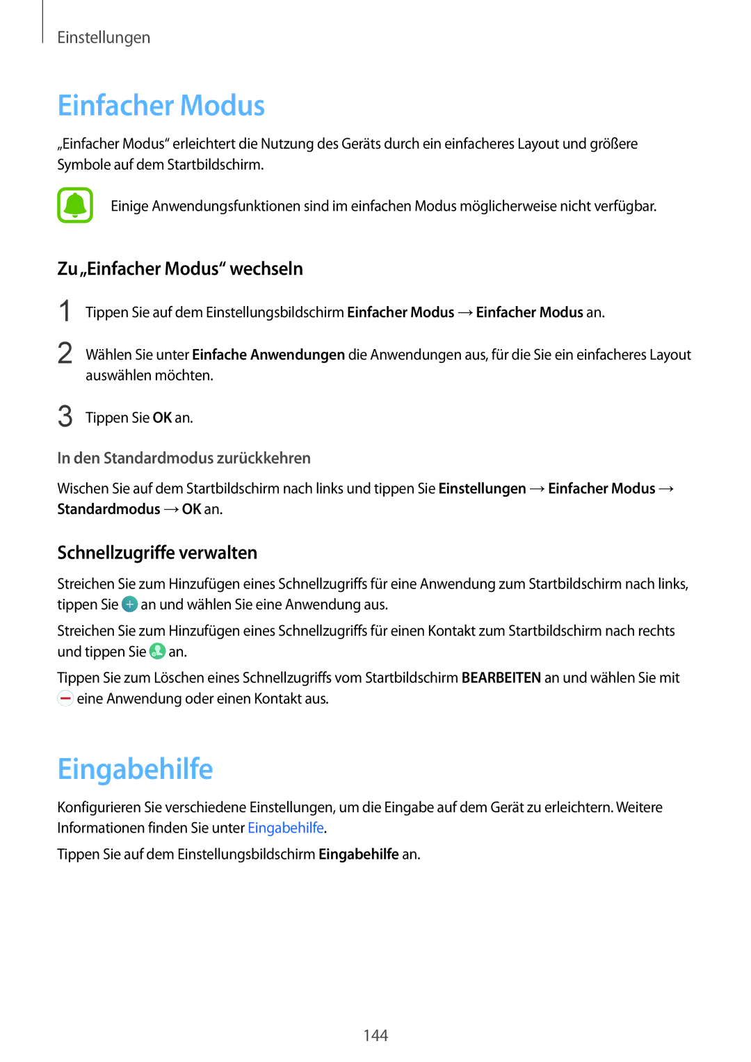 Samsung SM-G928FZKADBT, SM-G928FZSEDBT manual Eingabehilfe, Zu„Einfacher Modus wechseln, Schnellzugriffe verwalten 