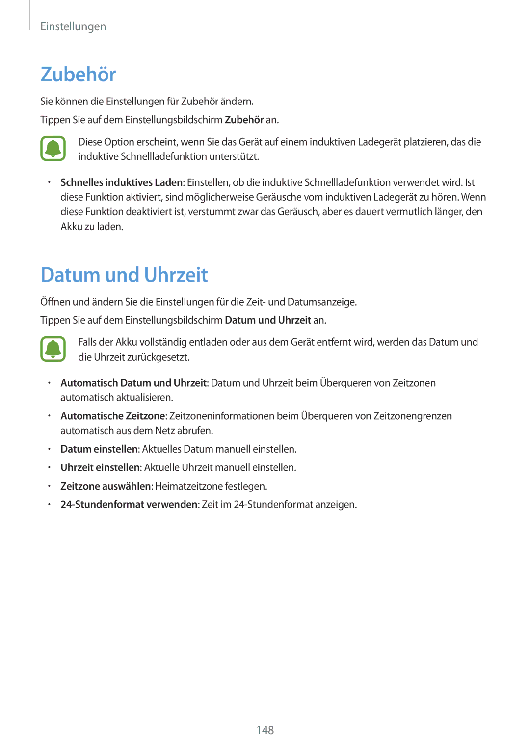 Samsung SM-G928FZSEDBT, SM-G928FZKADBT, SM-G928FZDADBT manual Zubehör, Datum und Uhrzeit 