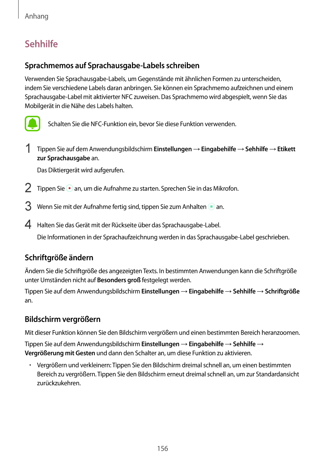 Samsung SM-G928FZKADBT, SM-G928FZSEDBT manual Sehhilfe, Sprachmemos auf Sprachausgabe-Labels schreiben, Schriftgröße ändern 