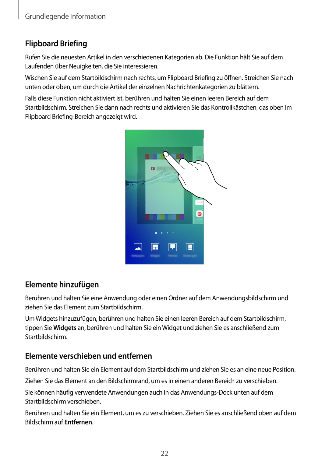 Samsung SM-G928FZSEDBT, SM-G928FZKADBT manual Flipboard Briefing, Elemente hinzufügen, Elemente verschieben und entfernen 