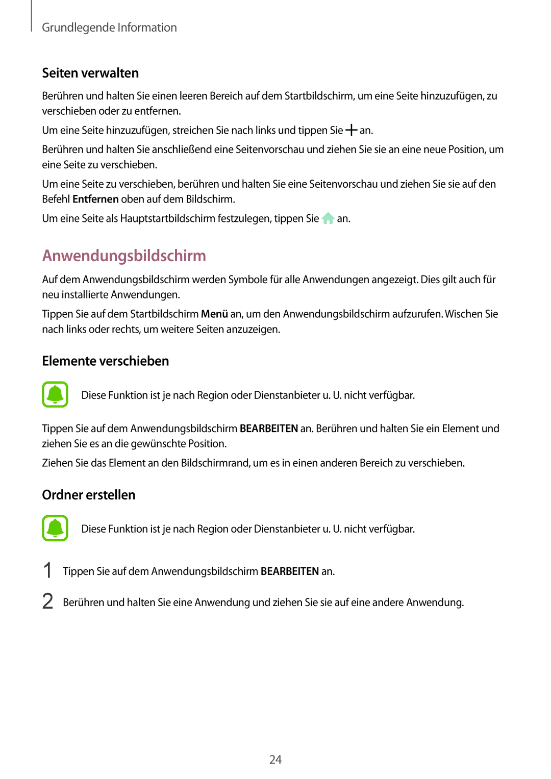 Samsung SM-G928FZKADBT, SM-G928FZSEDBT, SM-G928FZDADBT manual Anwendungsbildschirm, Seiten verwalten, Elemente verschieben 