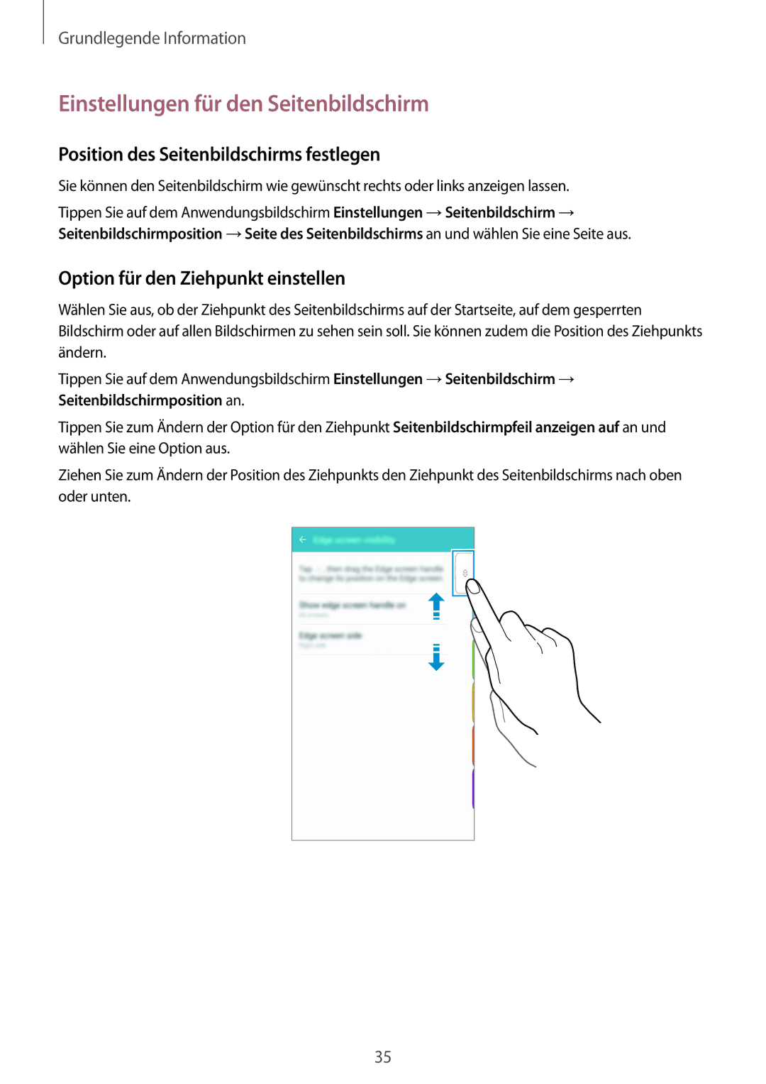 Samsung SM-G928FZDADBT, SM-G928FZKADBT Einstellungen für den Seitenbildschirm, Position des Seitenbildschirms festlegen 