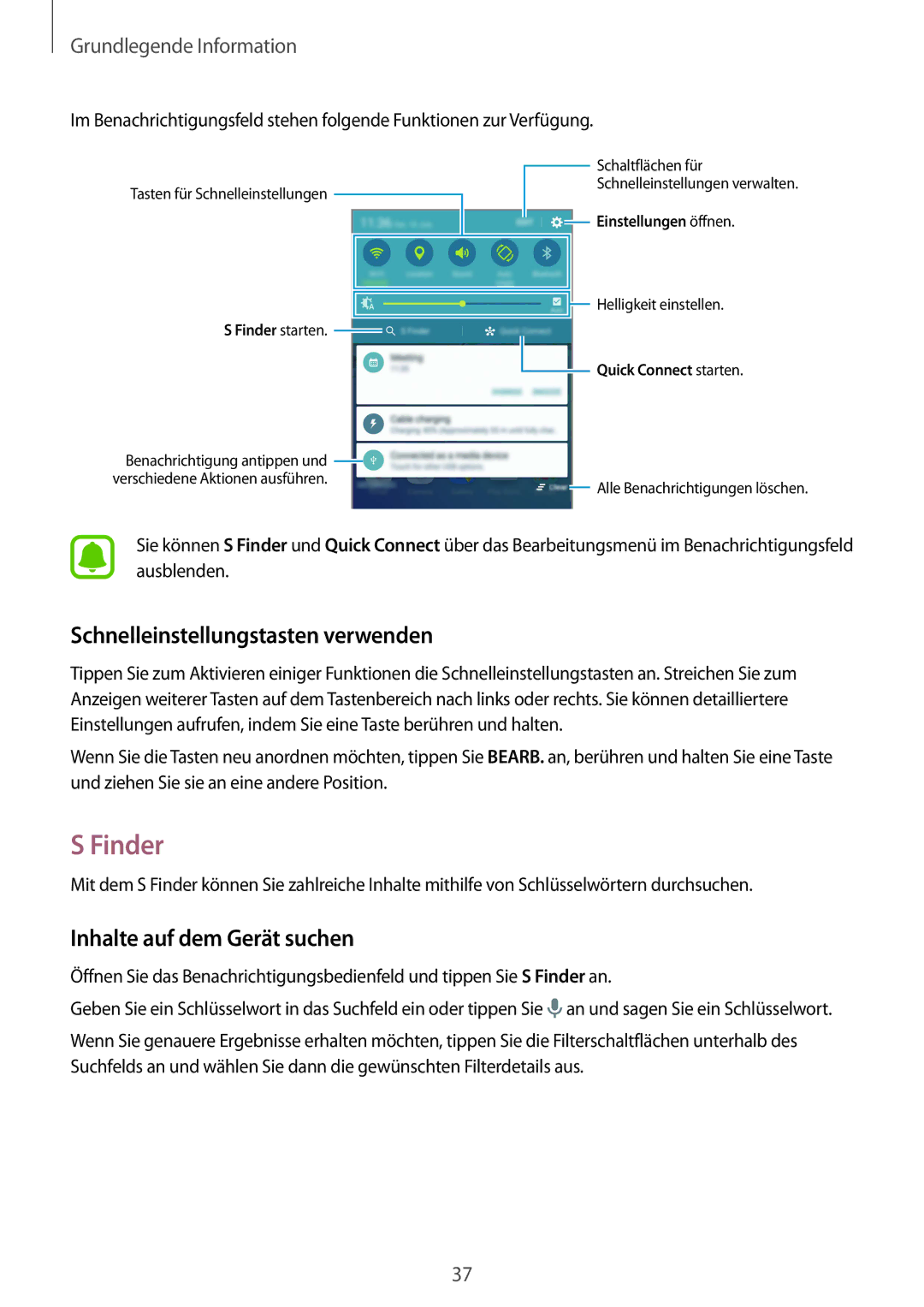 Samsung SM-G928FZSEDBT, SM-G928FZKADBT manual Finder, Schnelleinstellungstasten verwenden, Inhalte auf dem Gerät suchen 