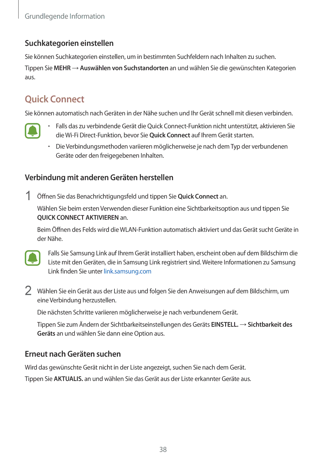 Samsung SM-G928FZDADBT, SM-G928FZKADBT Quick Connect, Suchkategorien einstellen, Verbindung mit anderen Geräten herstellen 