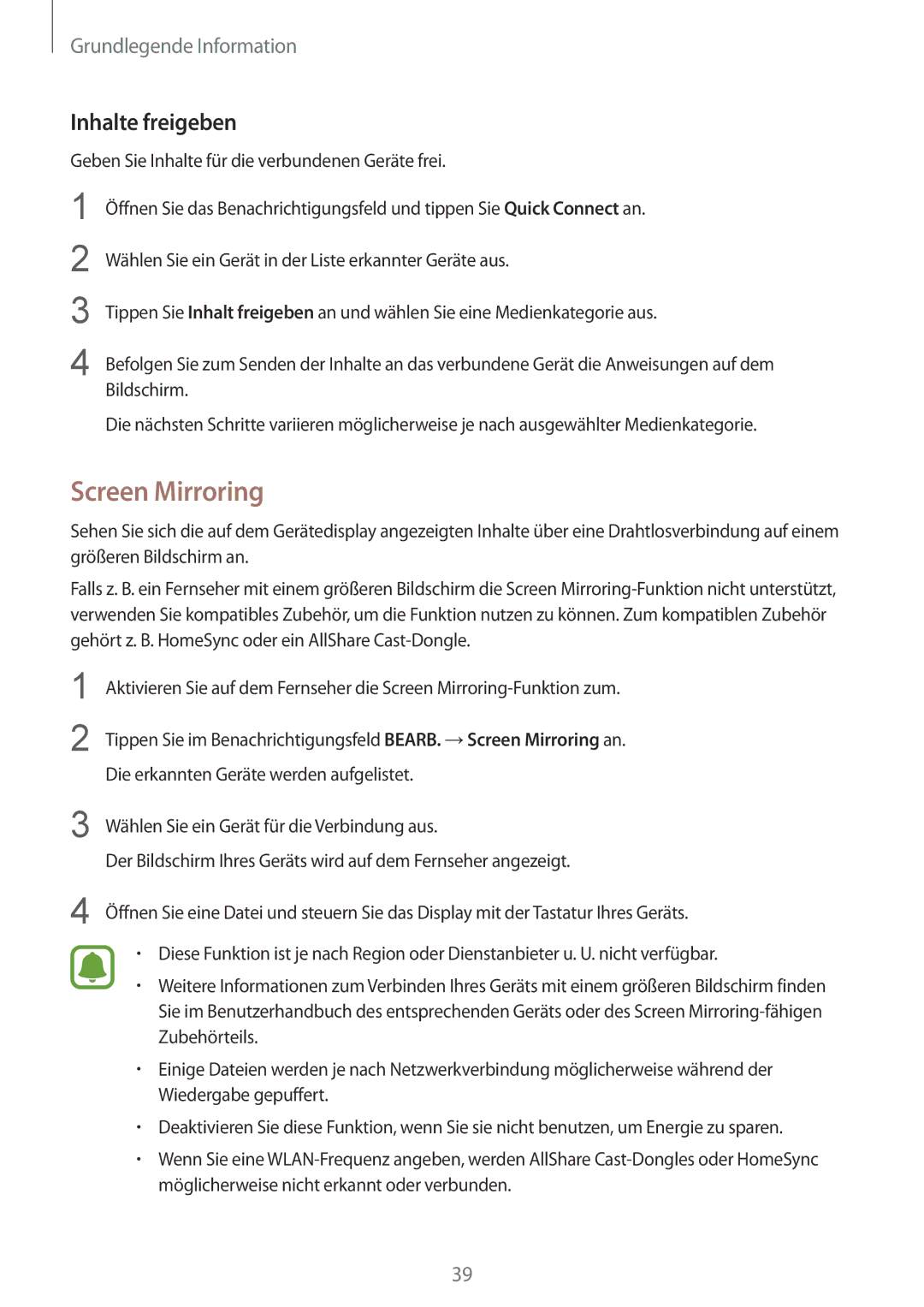 Samsung SM-G928FZKADBT, SM-G928FZSEDBT, SM-G928FZDADBT manual Screen Mirroring, Inhalte freigeben 
