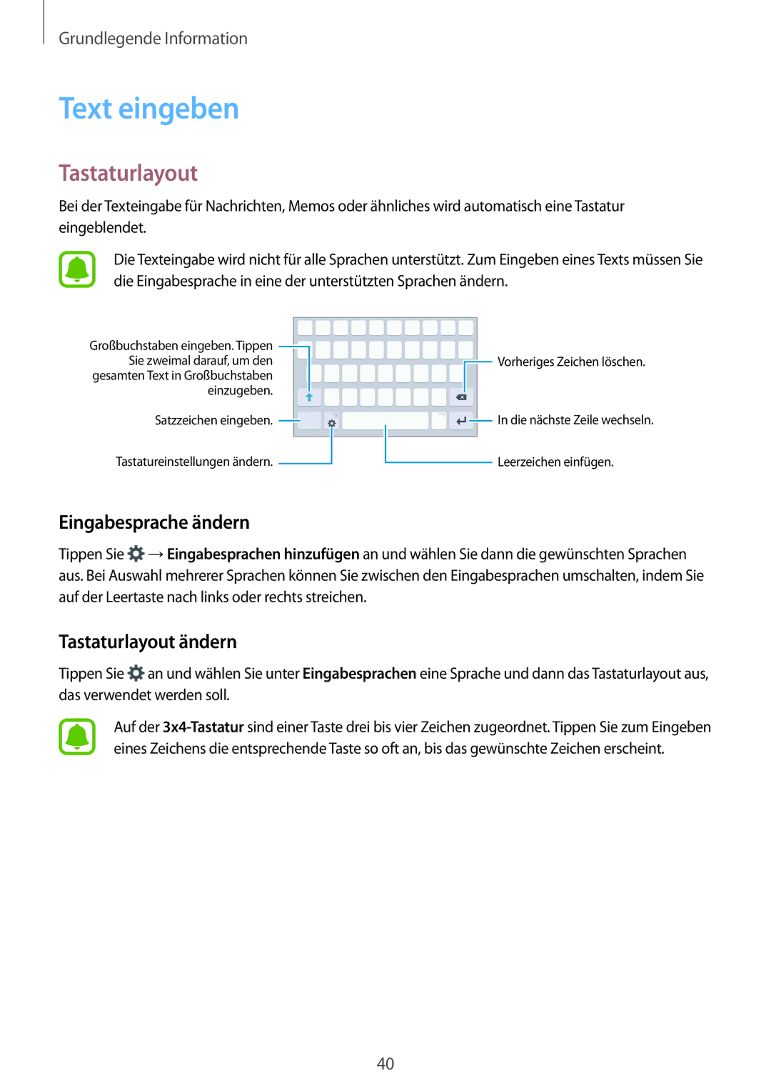 Samsung SM-G928FZSEDBT, SM-G928FZKADBT, SM-G928FZDADBT manual Text eingeben, Eingabesprache ändern, Tastaturlayout ändern 