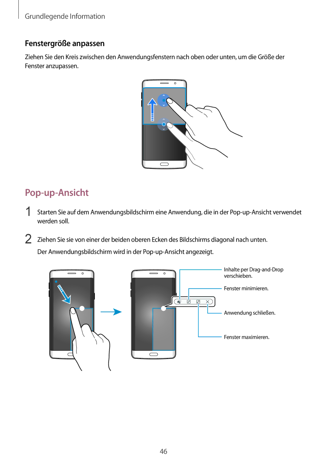 Samsung SM-G928FZSEDBT, SM-G928FZKADBT, SM-G928FZDADBT manual Pop-up-Ansicht, Fenstergröße anpassen 