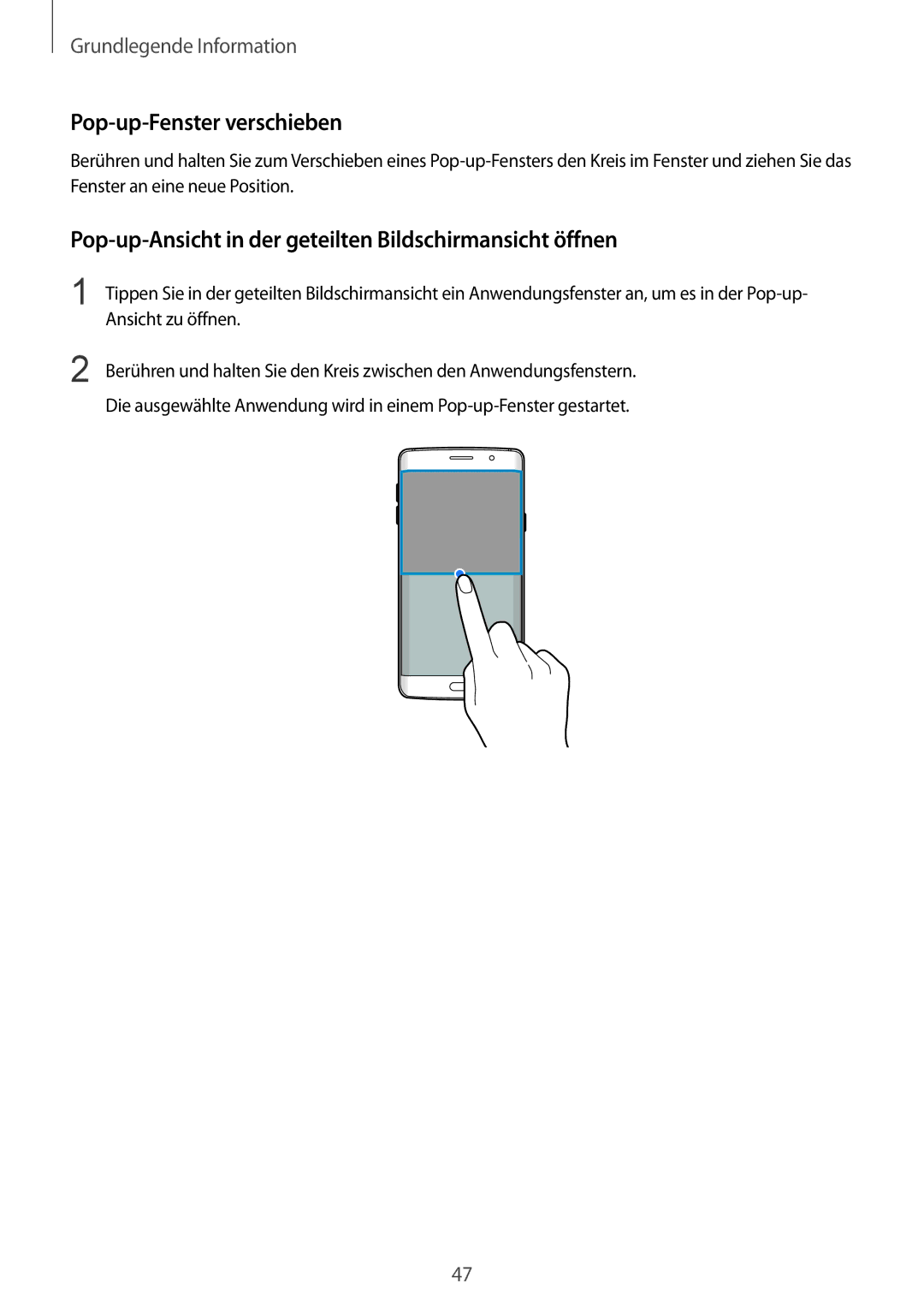 Samsung SM-G928FZDADBT manual Pop-up-Fenster verschieben, Pop-up-Ansicht in der geteilten Bildschirmansicht öffnen 