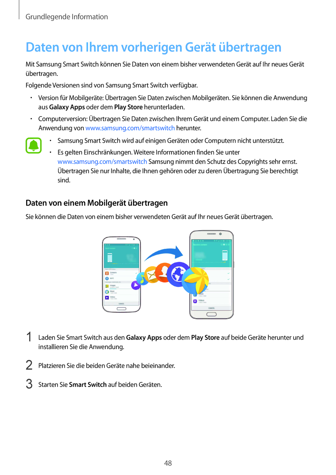 Samsung SM-G928FZKADBT, SM-G928FZSEDBT Daten von Ihrem vorherigen Gerät übertragen, Daten von einem Mobilgerät übertragen 