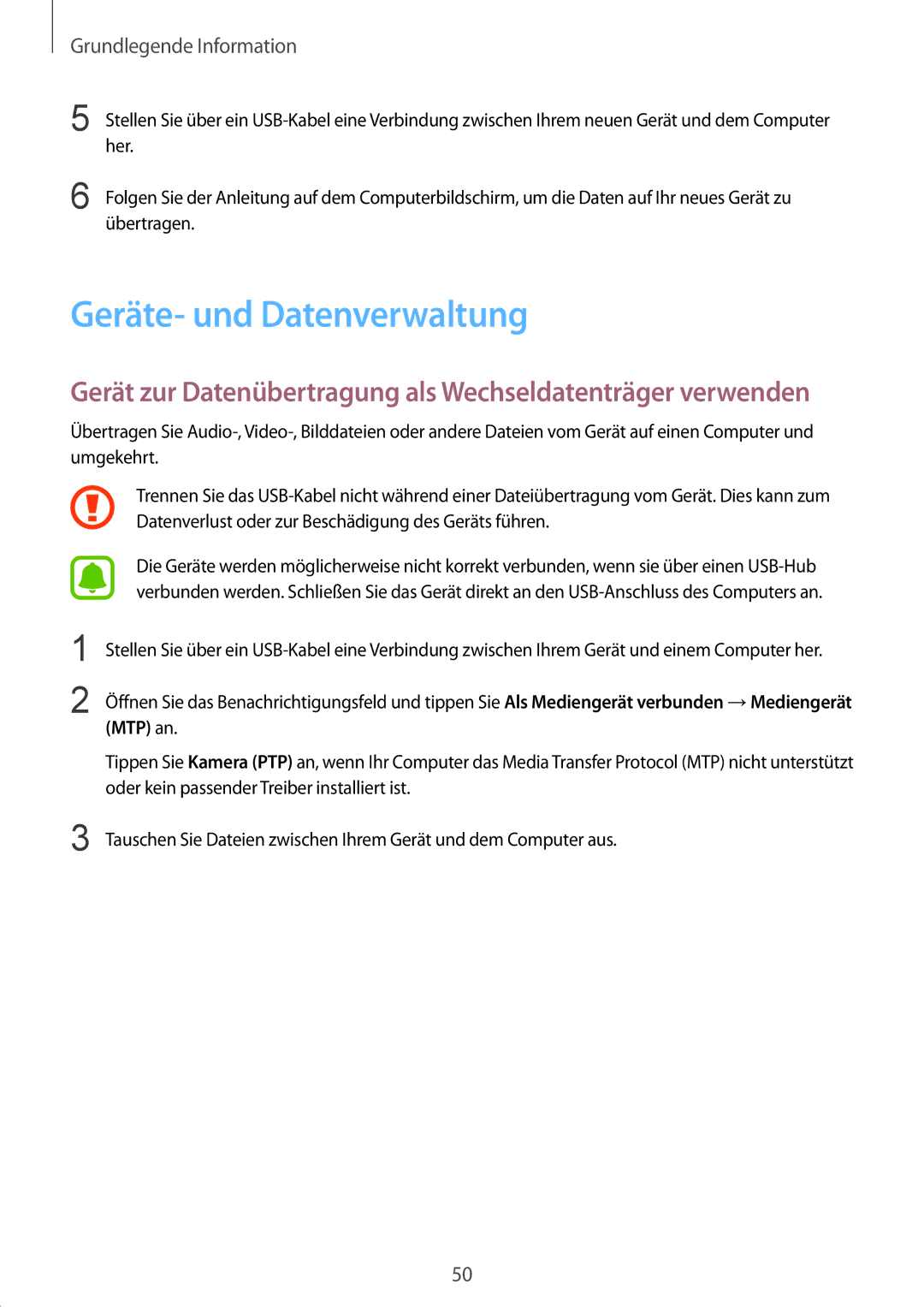 Samsung SM-G928FZDADBT manual Geräte- und Datenverwaltung, Gerät zur Datenübertragung als Wechseldatenträger verwenden 