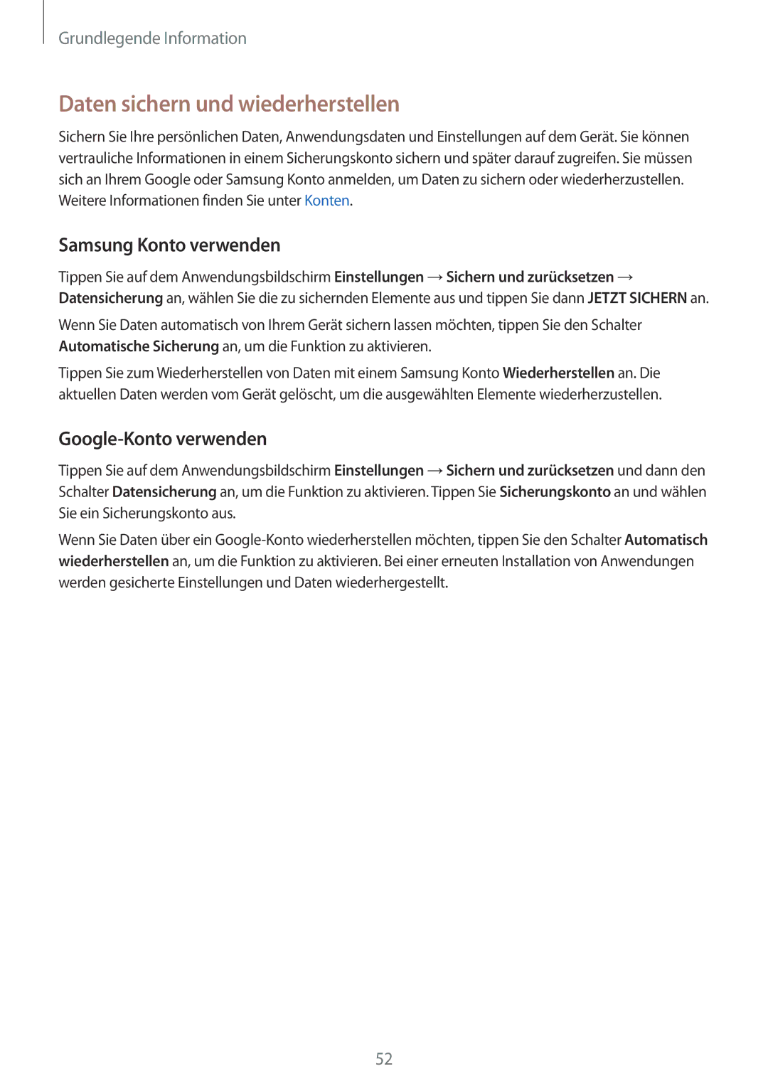 Samsung SM-G928FZSEDBT, SM-G928FZKADBT Daten sichern und wiederherstellen, Samsung Konto verwenden, Google-Konto verwenden 