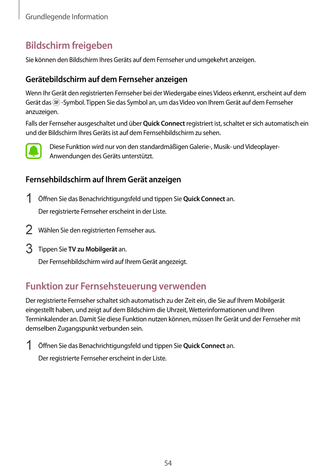 Samsung SM-G928FZKADBT manual Bildschirm freigeben, Funktion zur Fernsehsteuerung verwenden, Tippen Sie TV zu Mobilgerät an 