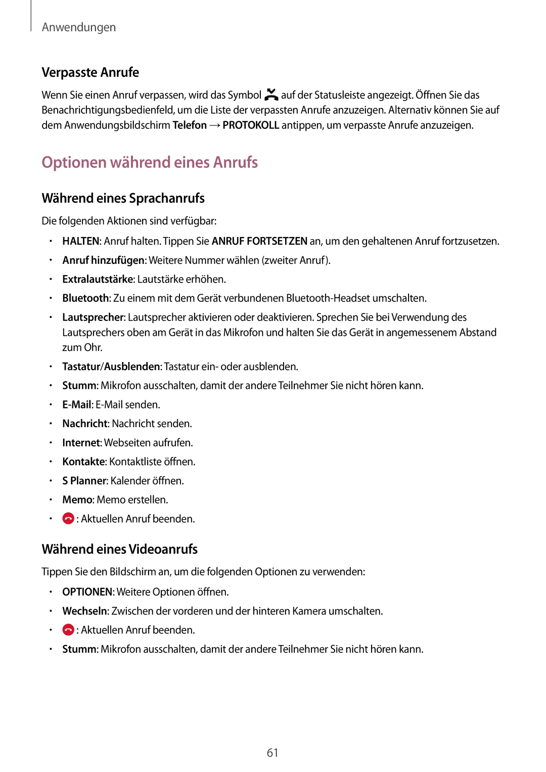 Samsung SM-G928FZSEDBT, SM-G928FZKADBT manual Optionen während eines Anrufs, Verpasste Anrufe, Während eines Sprachanrufs 