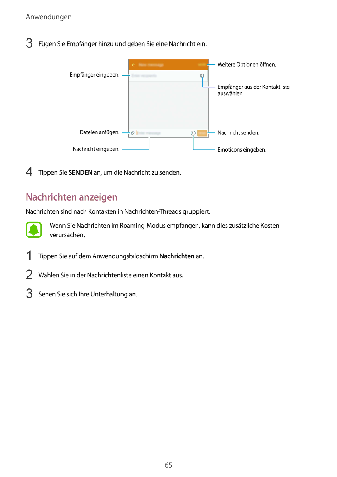 Samsung SM-G928FZDADBT, SM-G928FZKADBT Nachrichten anzeigen, Fügen Sie Empfänger hinzu und geben Sie eine Nachricht ein 