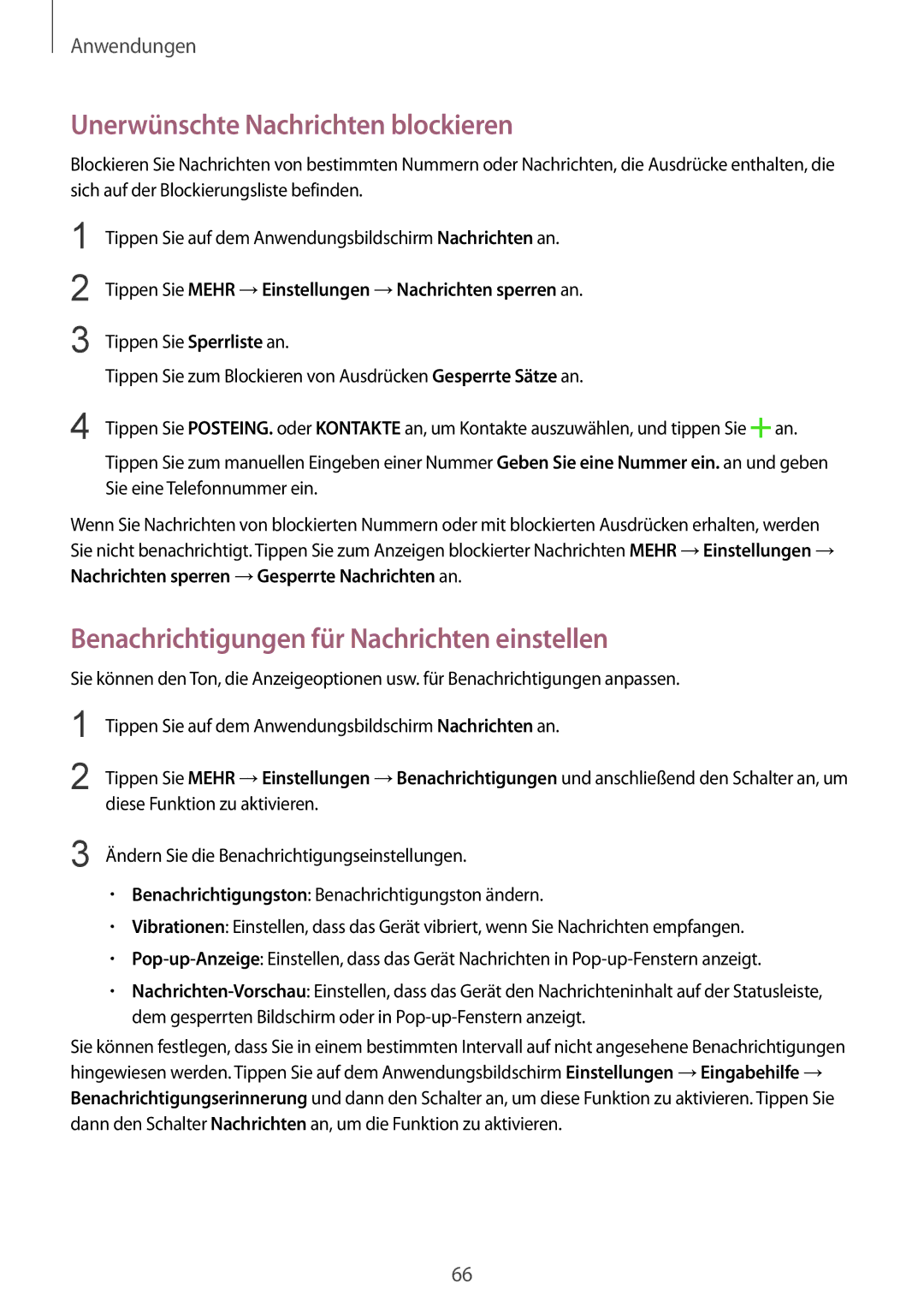 Samsung SM-G928FZKADBT, SM-G928FZSEDBT Unerwünschte Nachrichten blockieren, Benachrichtigungen für Nachrichten einstellen 