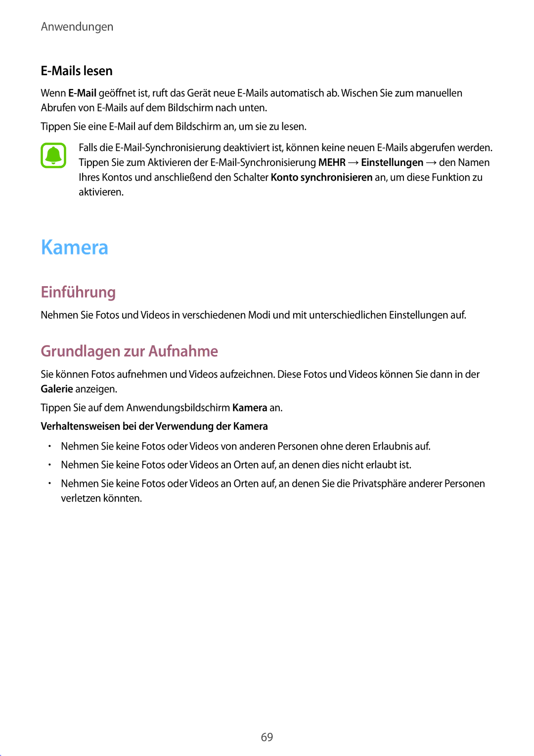 Samsung SM-G928FZKADBT manual Grundlagen zur Aufnahme, Mails lesen, Verhaltensweisen bei der Verwendung der Kamera 