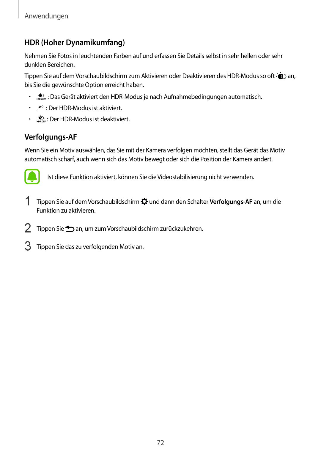 Samsung SM-G928FZKADBT, SM-G928FZSEDBT, SM-G928FZDADBT manual HDR Hoher Dynamikumfang, Verfolgungs-AF 