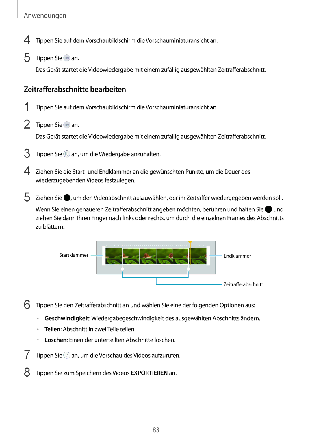 Samsung SM-G928FZDADBT, SM-G928FZKADBT, SM-G928FZSEDBT manual Zeitrafferabschnitte bearbeiten 