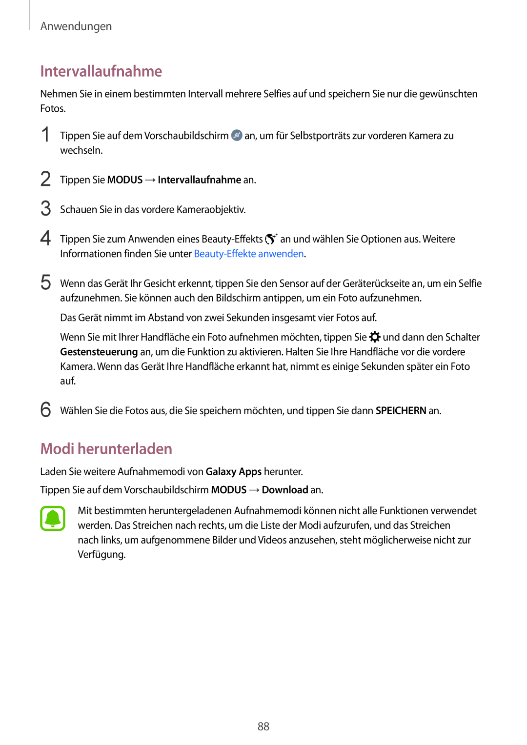 Samsung SM-G928FZSEDBT, SM-G928FZKADBT, SM-G928FZDADBT manual Modi herunterladen, Tippen Sie Modus →Intervallaufnahme an 