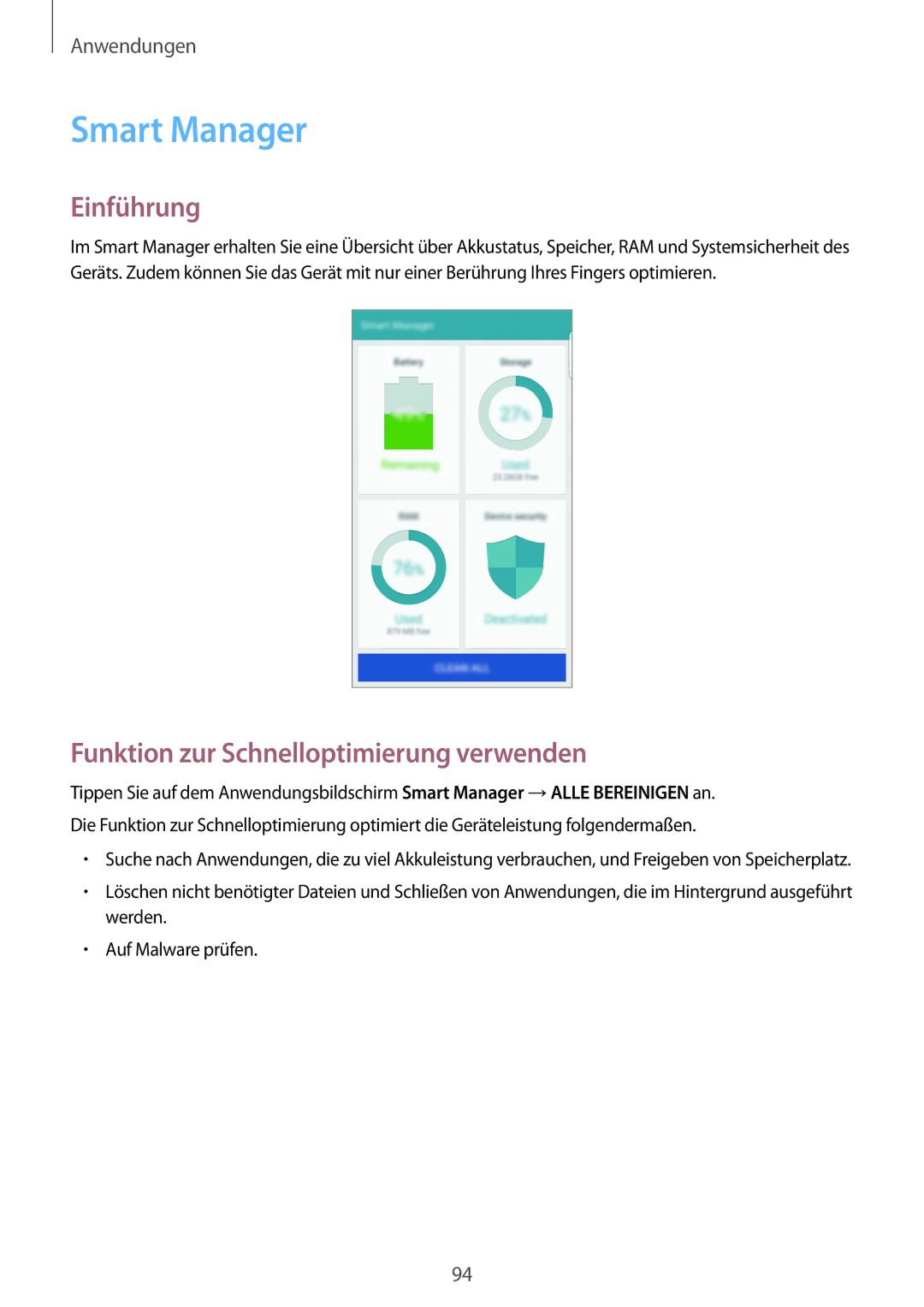 Samsung SM-G928FZSEDBT, SM-G928FZKADBT, SM-G928FZDADBT manual Smart Manager, Funktion zur Schnelloptimierung verwenden 