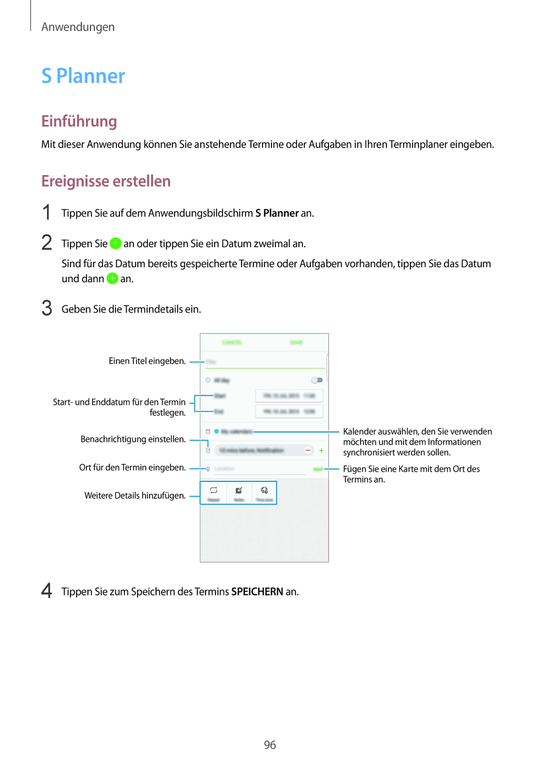 Samsung SM-G928FZKADBT, SM-G928FZSEDBT, SM-G928FZDADBT manual Planner, Ereignisse erstellen 