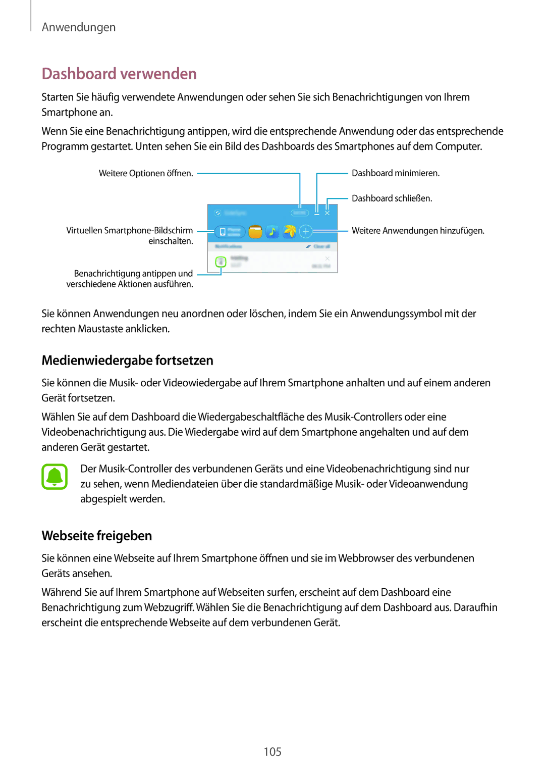 Samsung SM-G928FZKADBT, SM-G928FZSEDBT, SM-G928FZDADBT Dashboard verwenden, Medienwiedergabe fortsetzen, Webseite freigeben 