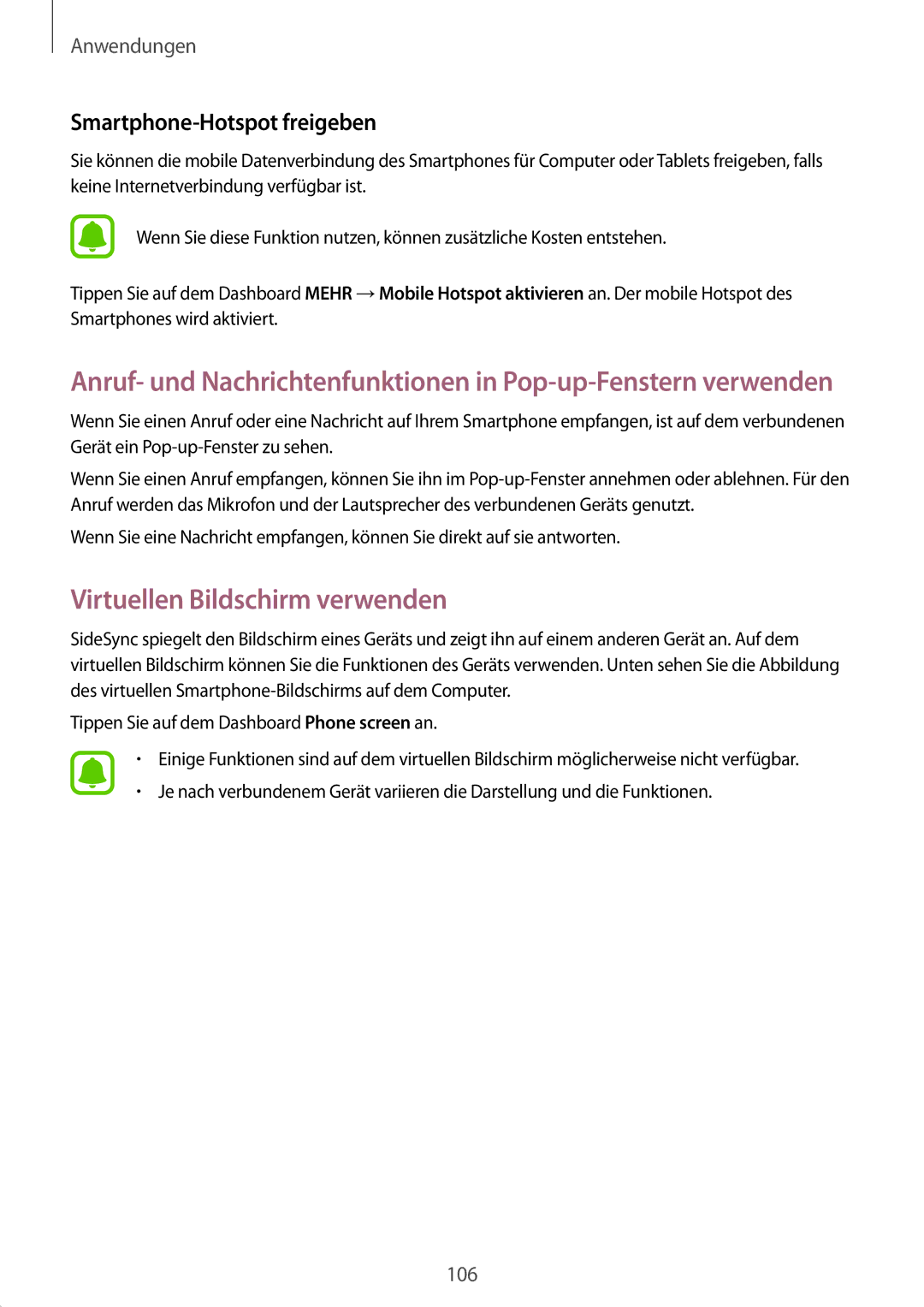 Samsung SM-G928FZSEDBT, SM-G928FZKADBT, SM-G928FZDADBT manual Virtuellen Bildschirm verwenden, Smartphone-Hotspot freigeben 