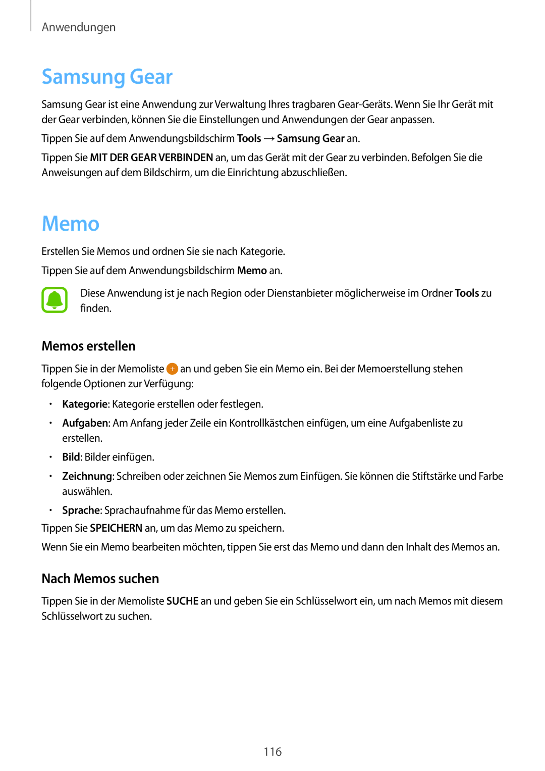 Samsung SM-G928FZDADBT, SM-G928FZKADBT, SM-G928FZSEDBT manual Samsung Gear, Memos erstellen, Nach Memos suchen 