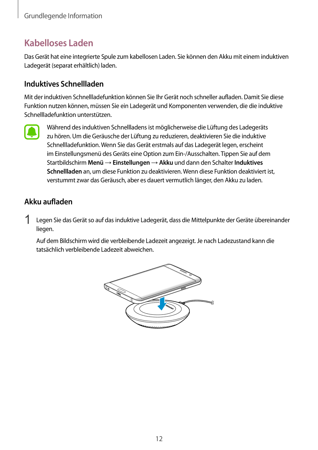 Samsung SM-G928FZKADBT, SM-G928FZSEDBT, SM-G928FZDADBT manual Kabelloses Laden, Induktives Schnellladen, Akku aufladen 