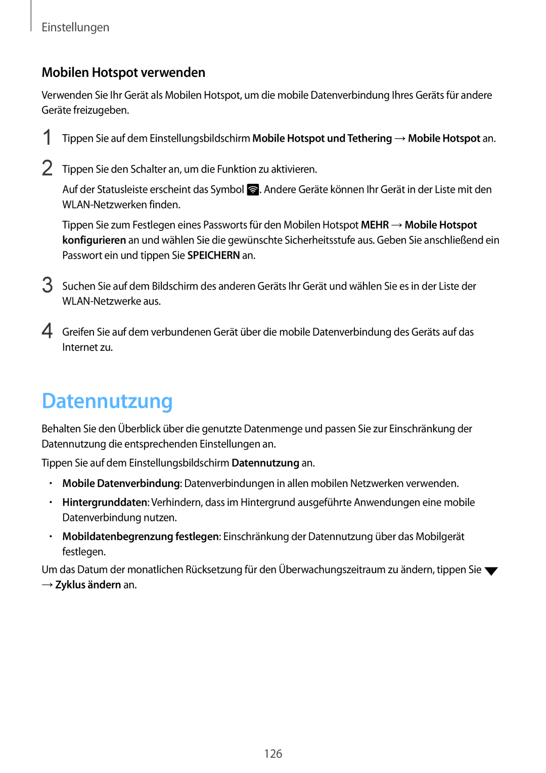 Samsung SM-G928FZKADBT, SM-G928FZSEDBT, SM-G928FZDADBT manual Datennutzung, Mobilen Hotspot verwenden, → Zyklus ändern an 