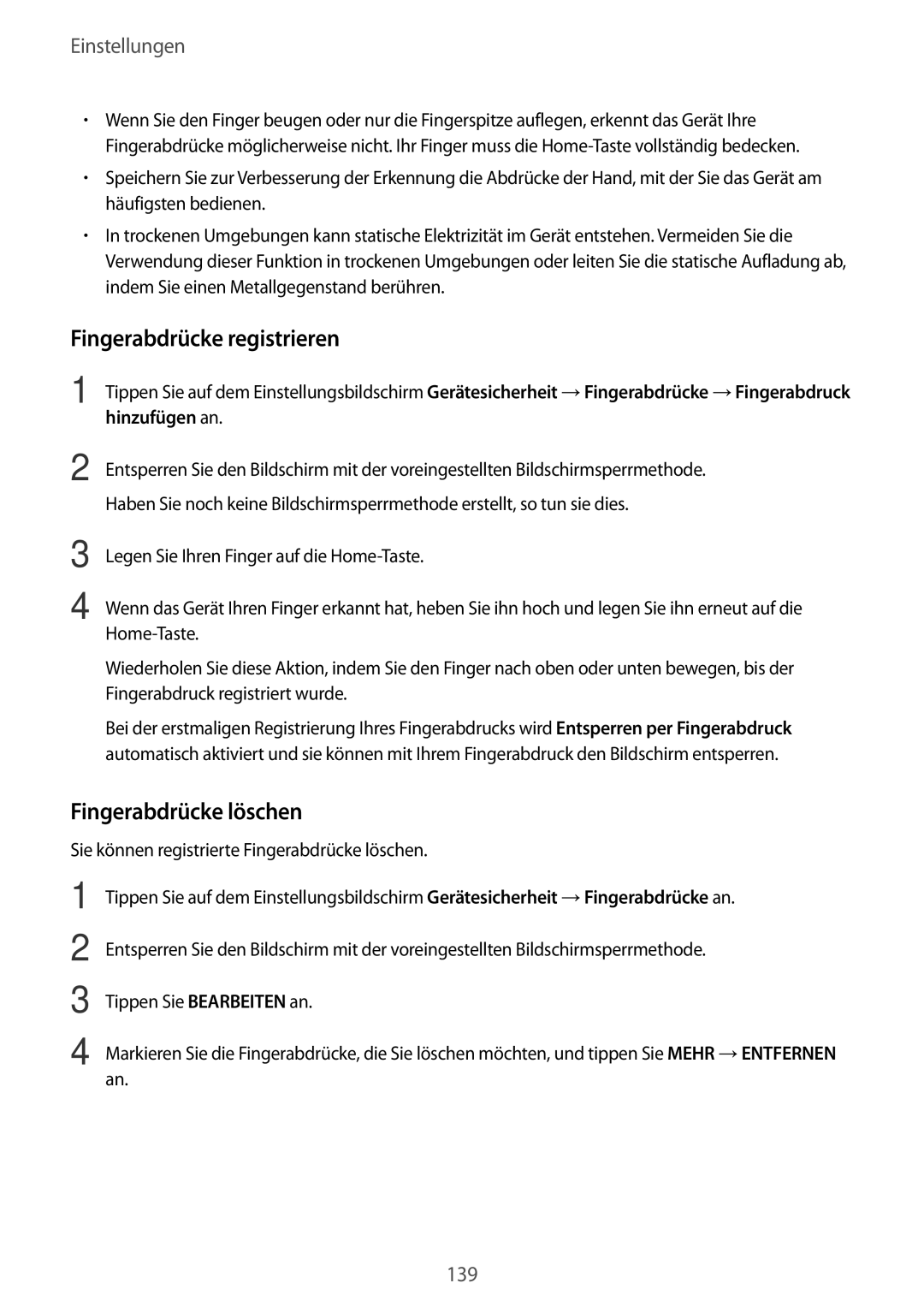 Samsung SM-G928FZSEDBT, SM-G928FZKADBT, SM-G928FZDADBT Fingerabdrücke registrieren, Fingerabdrücke löschen, Hinzufügen an 