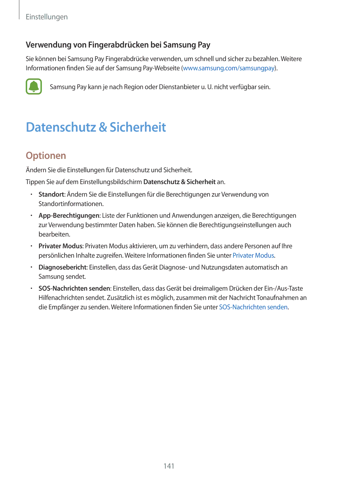 Samsung SM-G928FZKADBT, SM-G928FZSEDBT manual Datenschutz & Sicherheit, Verwendung von Fingerabdrücken bei Samsung Pay 