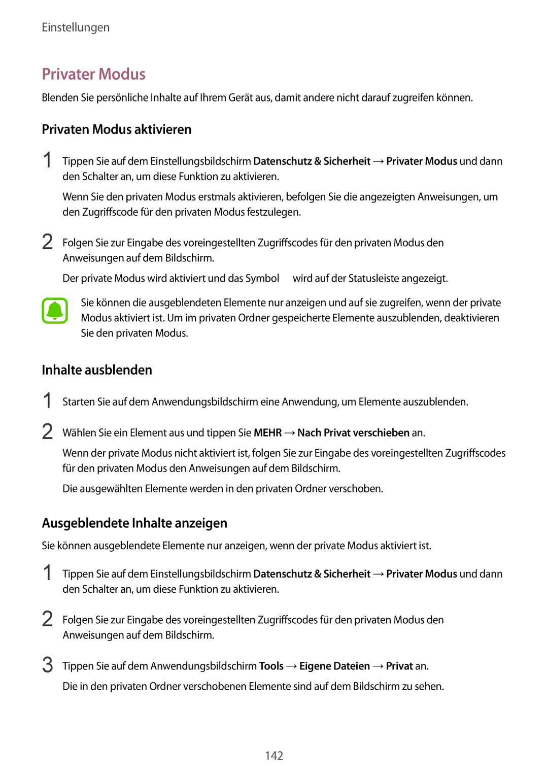 Samsung SM-G928FZSEDBT manual Privater Modus, Privaten Modus aktivieren, Inhalte ausblenden, Ausgeblendete Inhalte anzeigen 