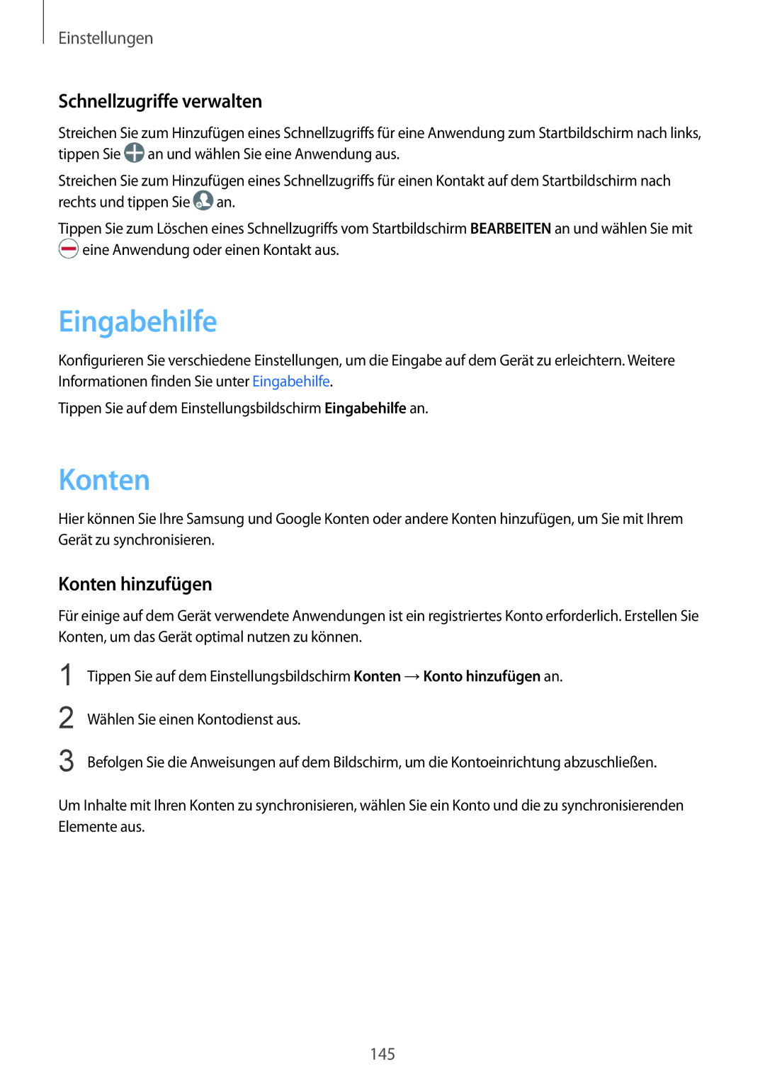 Samsung SM-G928FZSEDBT, SM-G928FZKADBT, SM-G928FZDADBT manual Eingabehilfe, Schnellzugriffe verwalten, Konten hinzufügen 