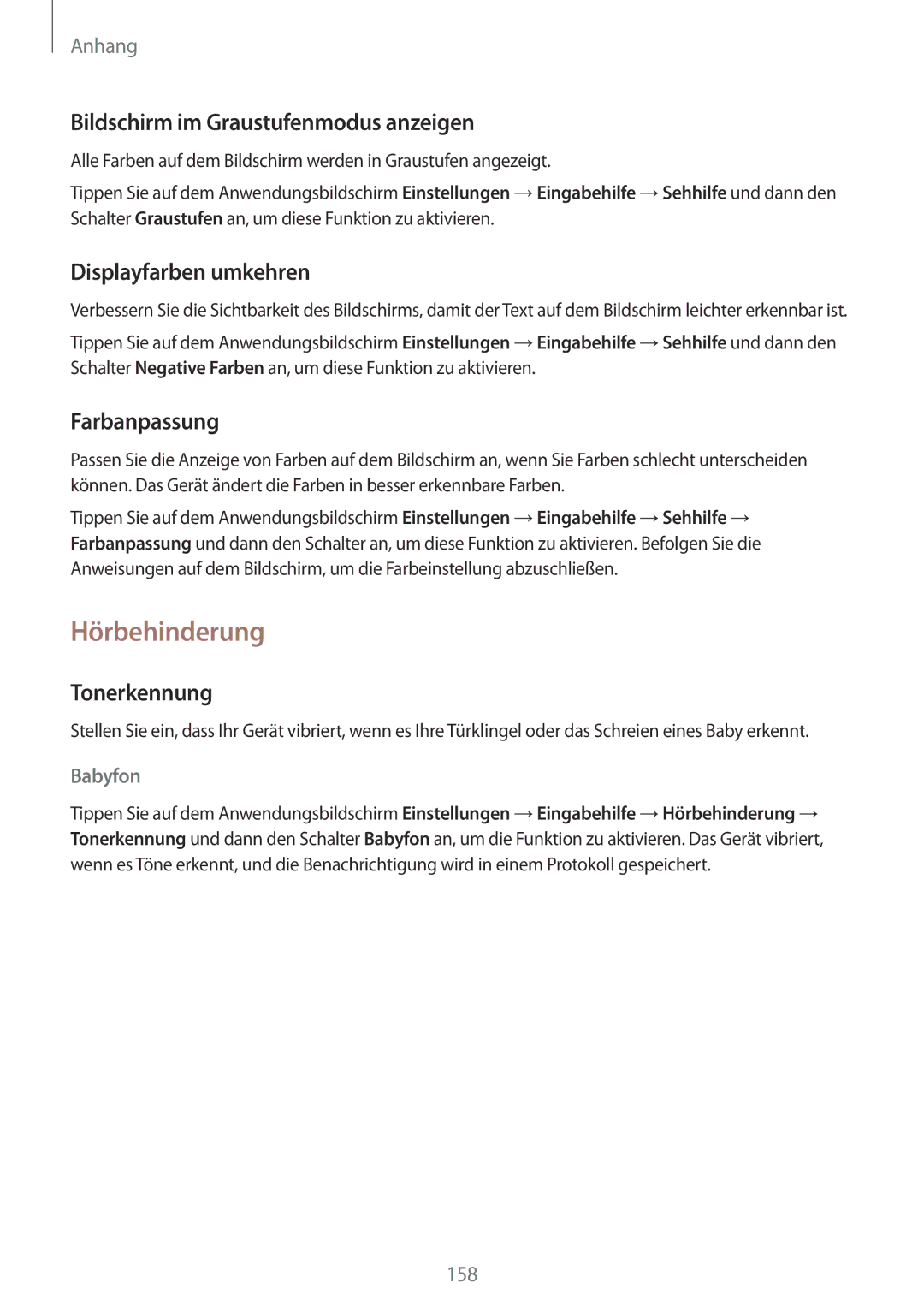 Samsung SM-G928FZDADBT manual Hörbehinderung, Bildschirm im Graustufenmodus anzeigen, Displayfarben umkehren, Farbanpassung 