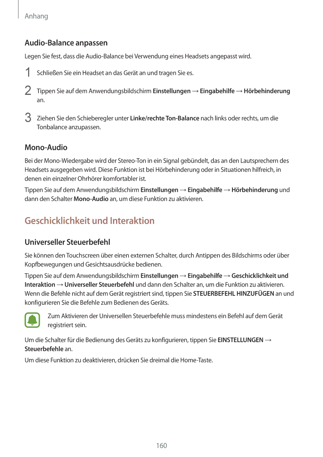 Samsung SM-G928FZSEDBT Geschicklichkeit und Interaktion, Audio-Balance anpassen, Mono-Audio, Universeller Steuerbefehl 