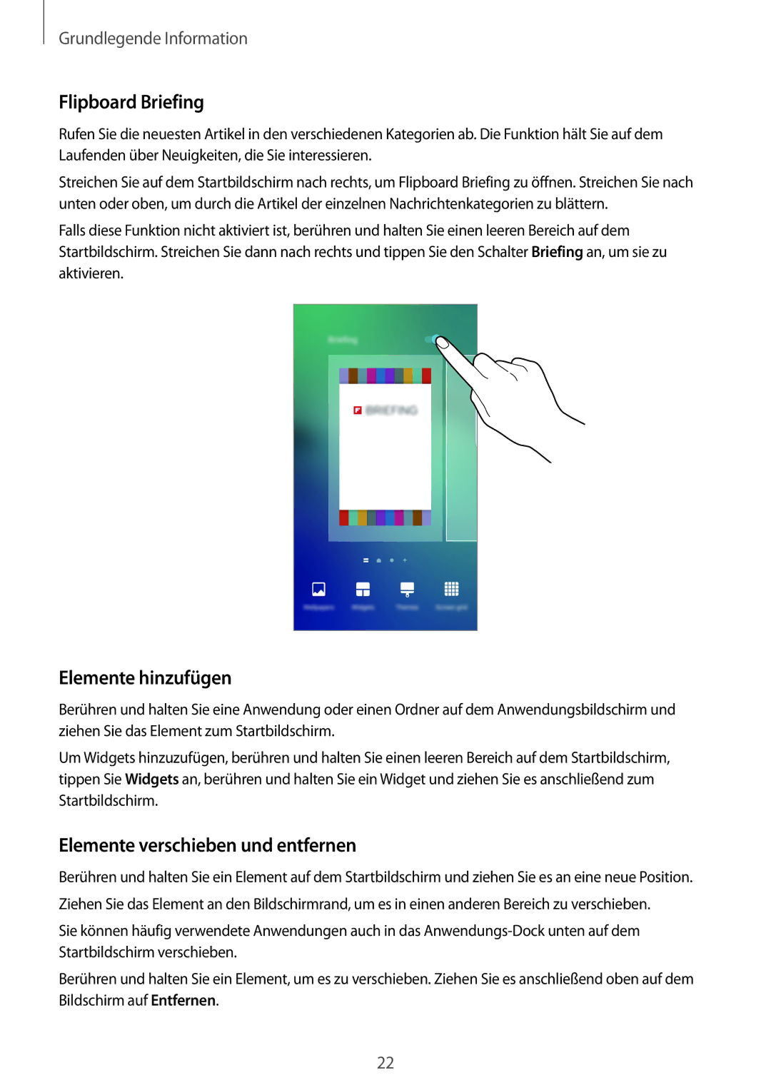 Samsung SM-G928FZSEDBT, SM-G928FZKADBT manual Flipboard Briefing, Elemente hinzufügen, Elemente verschieben und entfernen 