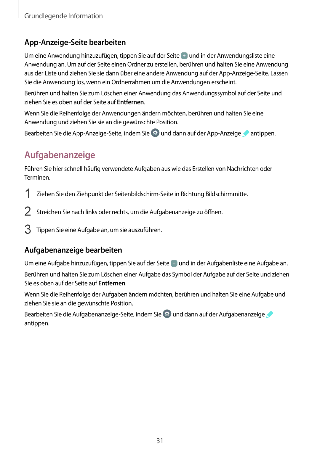 Samsung SM-G928FZSEDBT, SM-G928FZKADBT, SM-G928FZDADBT manual App-Anzeige-Seite bearbeiten, Aufgabenanzeige bearbeiten 