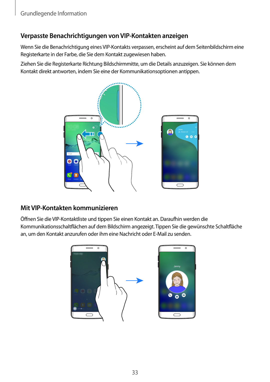 Samsung SM-G928FZKADBT manual Verpasste Benachrichtigungen von VIP-Kontakten anzeigen, Mit VIP-Kontakten kommunizieren 