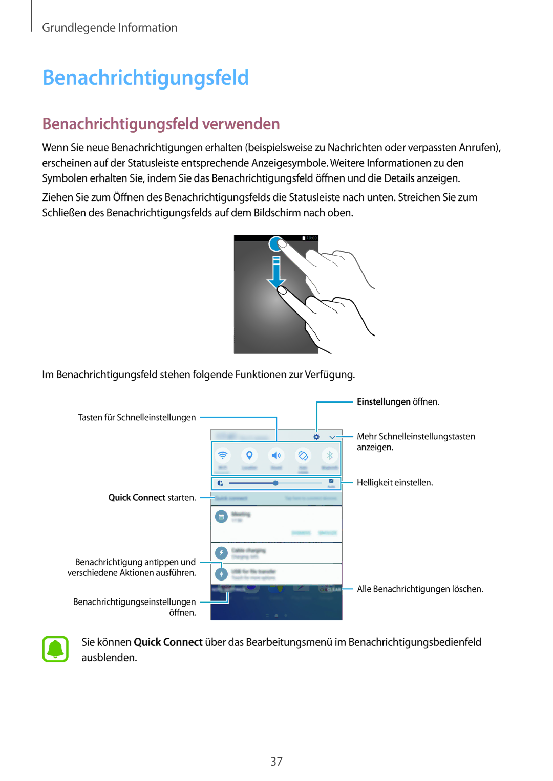 Samsung SM-G928FZSEDBT, SM-G928FZKADBT, SM-G928FZDADBT manual Benachrichtigungsfeld verwenden 