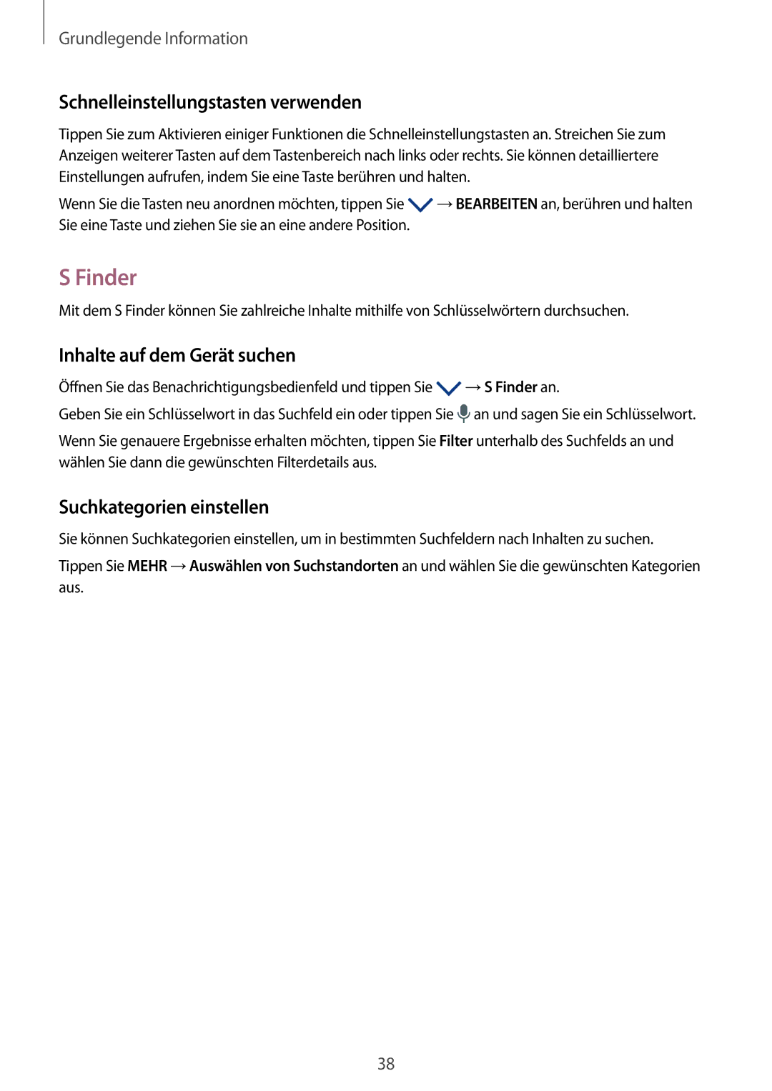 Samsung SM-G928FZDADBT, SM-G928FZKADBT manual Finder, Schnelleinstellungstasten verwenden, Inhalte auf dem Gerät suchen 