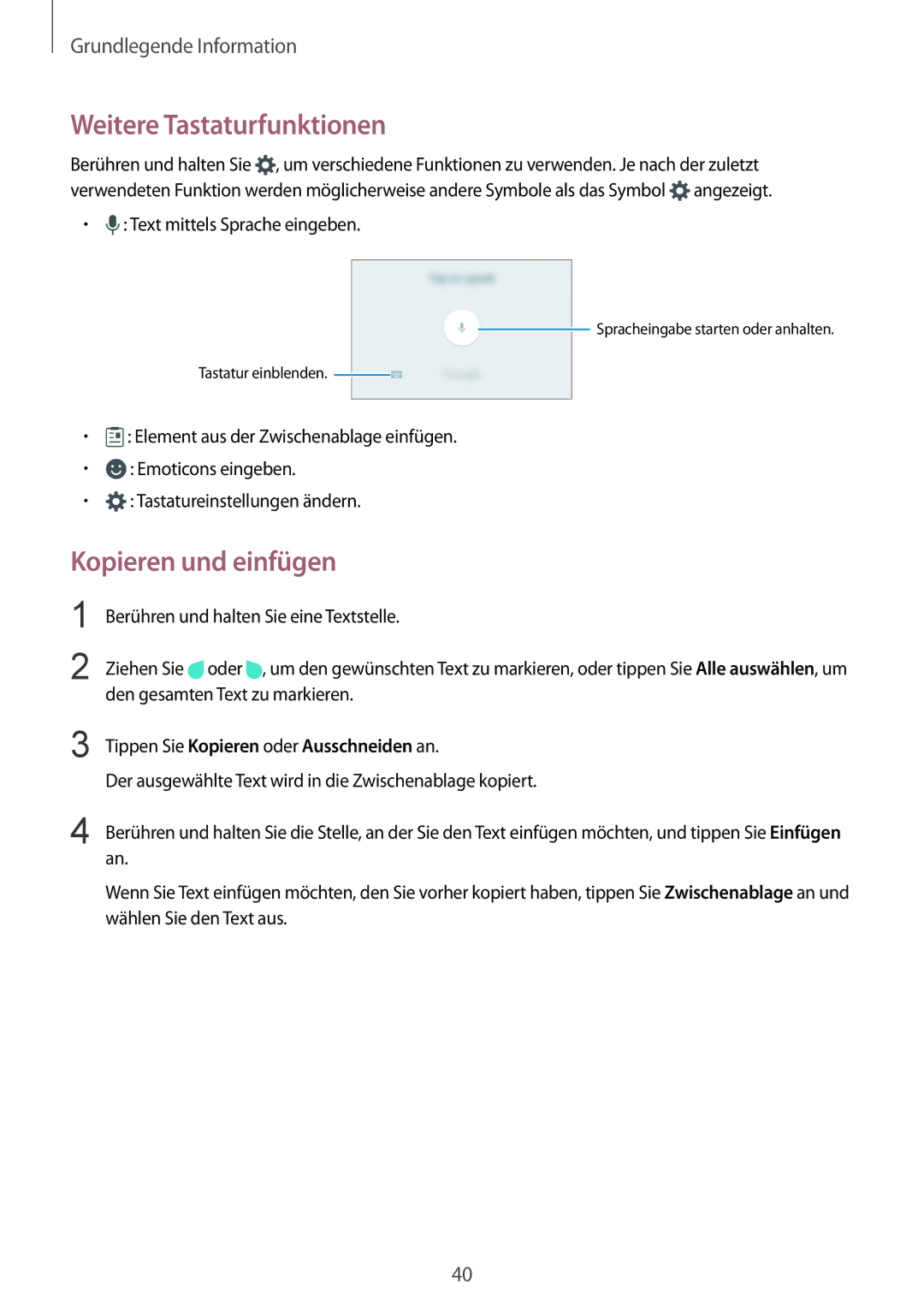 Samsung SM-G928FZSEDBT manual Weitere Tastaturfunktionen, Kopieren und einfügen, Tippen Sie Kopieren oder Ausschneiden an 