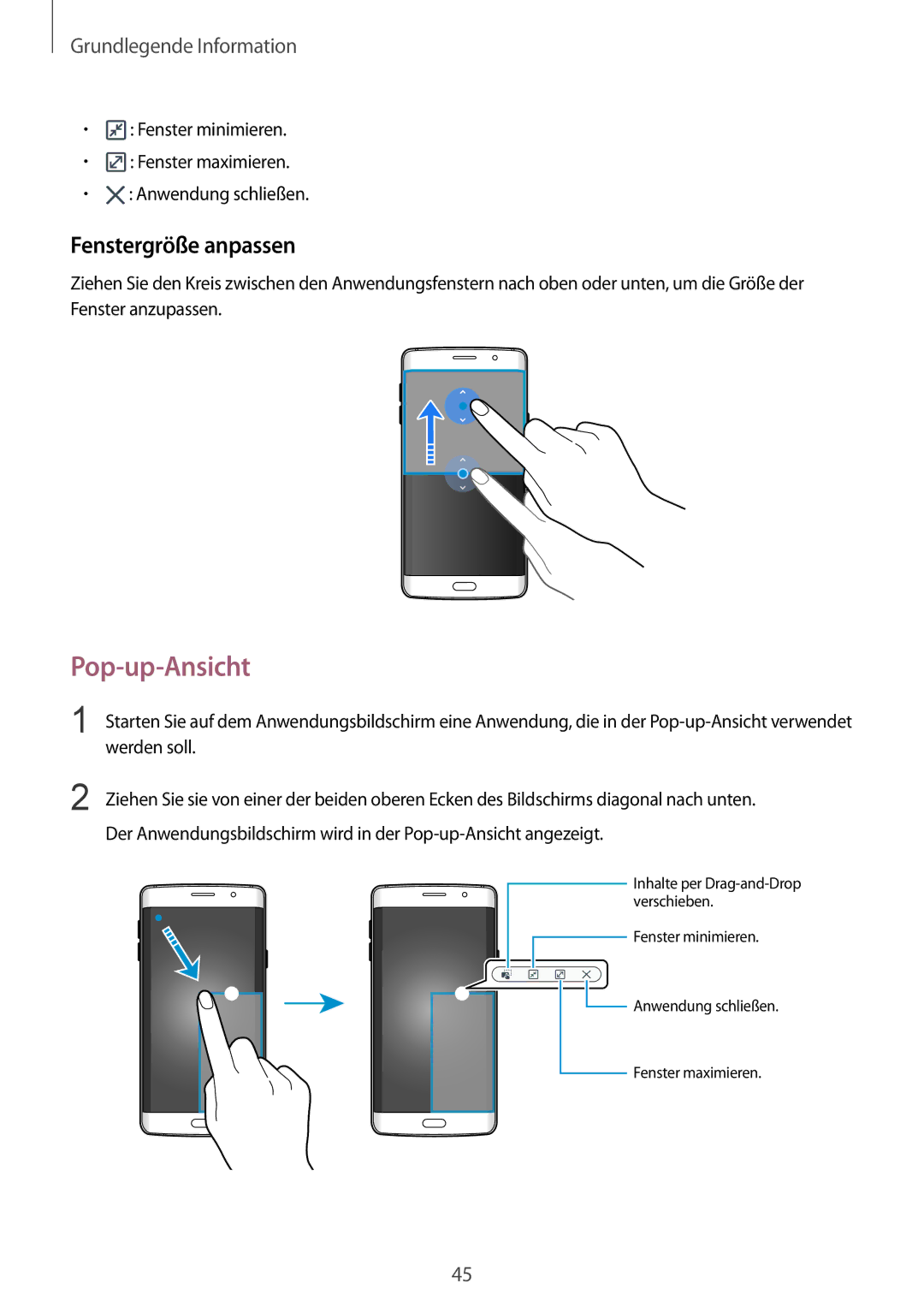 Samsung SM-G928FZKADBT, SM-G928FZSEDBT, SM-G928FZDADBT manual Pop-up-Ansicht, Fenstergröße anpassen 