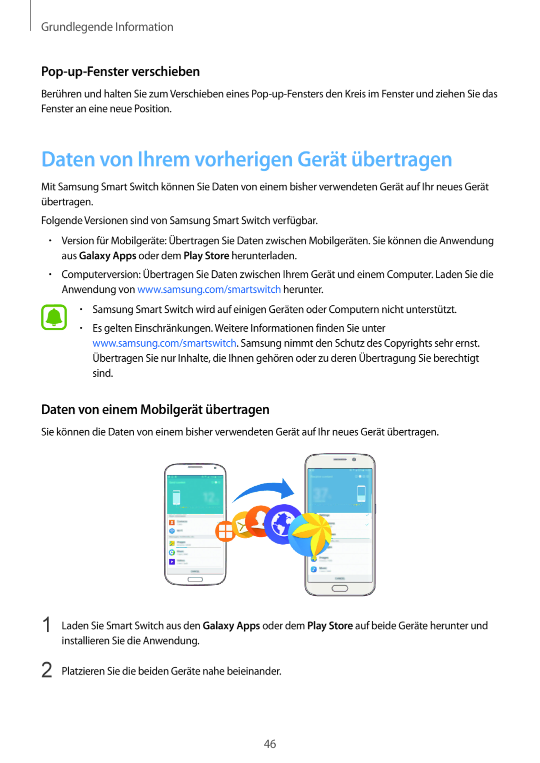 Samsung SM-G928FZSEDBT, SM-G928FZKADBT manual Daten von Ihrem vorherigen Gerät übertragen, Pop-up-Fenster verschieben 