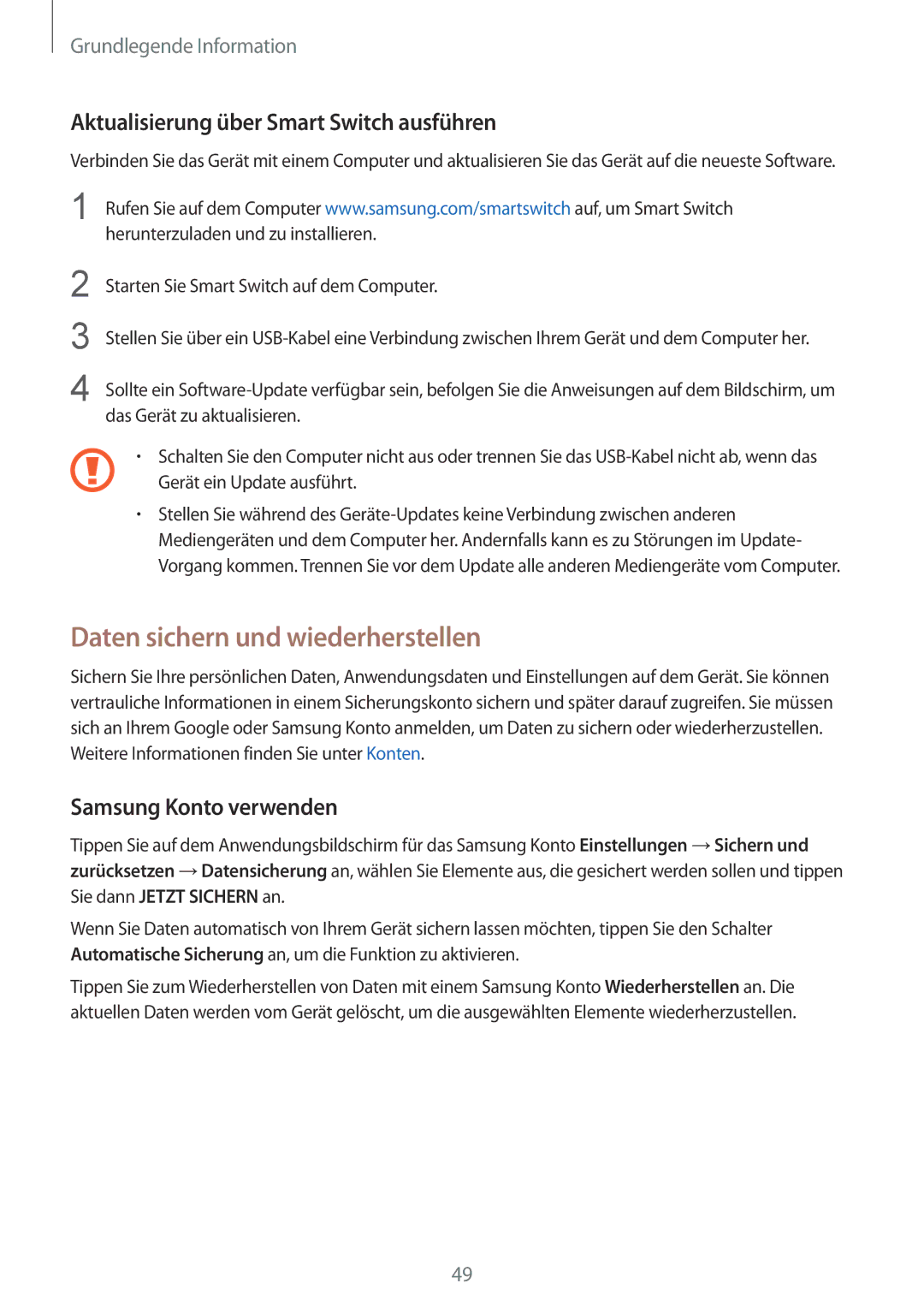 Samsung SM-G928FZSEDBT, SM-G928FZKADBT manual Daten sichern und wiederherstellen, Aktualisierung über Smart Switch ausführen 