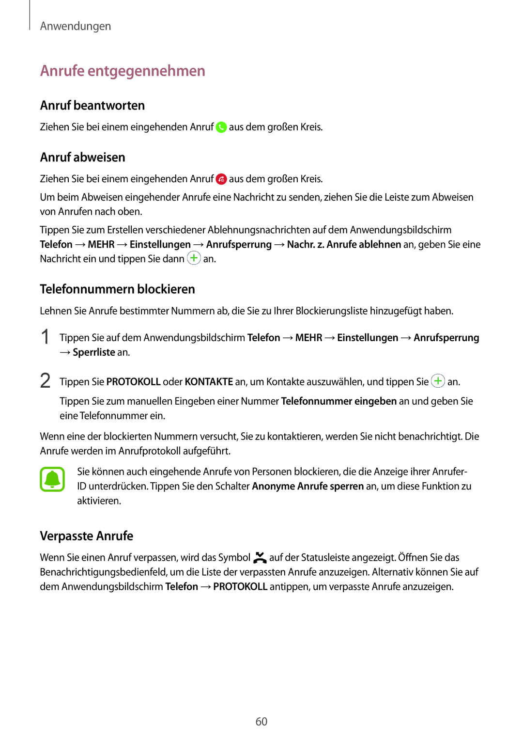 Samsung SM-G928FZKADBT, SM-G928FZSEDBT Anrufe entgegennehmen, Anruf beantworten, Anruf abweisen, Telefonnummern blockieren 