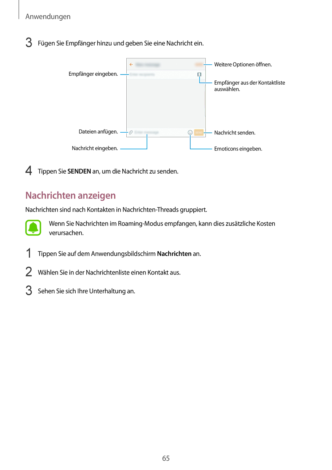 Samsung SM-G928FZDADBT, SM-G928FZKADBT Nachrichten anzeigen, Fügen Sie Empfänger hinzu und geben Sie eine Nachricht ein 